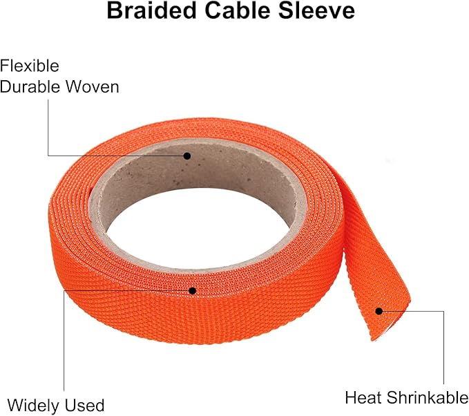 MECCANIXITY Braided Cable Sleeves Heat Shrinkable Fabric Sleeving, 3/8" 10ft Orange 2:1 Ratio Heat Shrinkable Cord Protector for Harness Cable, Network Cable Protection, Cable Management