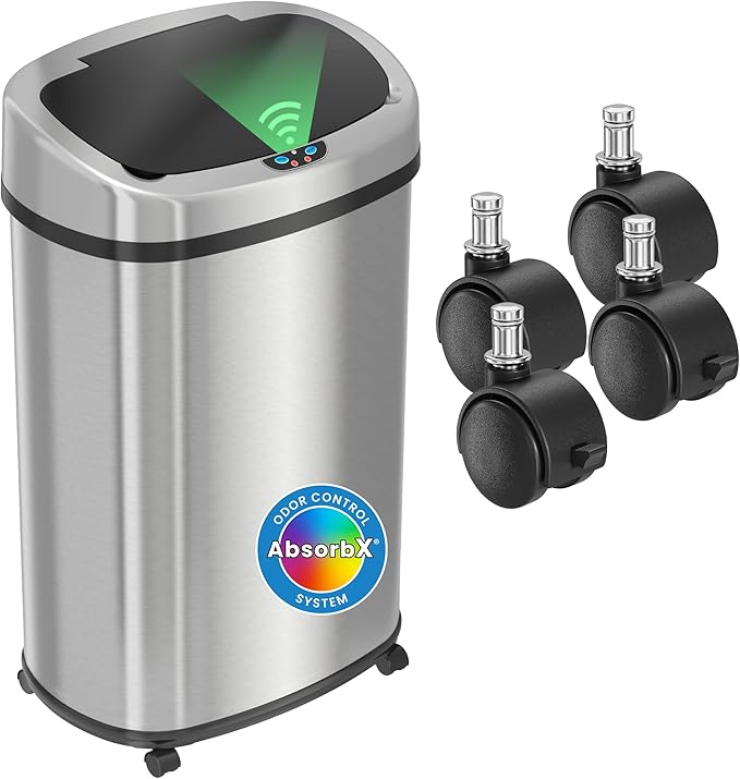 iTouchless SensorCan 50 Liter / 13 Gallon Kitchen Trash Can with Wheels & Odor Filter – Mobile Motion Sensor Stainless Steel Garbage Bin for Home, Office, Garage, Slim Oval Shape Large Capacity Design