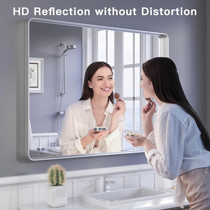 ISKM 30" x 30" Silver Framed Mirror for Wal Metal Framed Wall Mirror for Bathroom Rounded Corner Vanity Mirrors Wall Mounted Tempered Glass, Rounded Rectangle Mirror(Horizontal/Vertical)