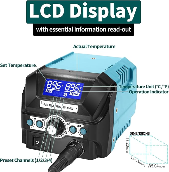 YIHUA 939D+ III EVO Digital Soldering Iron Station Kit 110W High Power with LCD display, 4 Memory Channels, Sleep Mode, Digital Calibration, Solder Wire, Helping Hands, Magnifier, 3 Soldering Tips