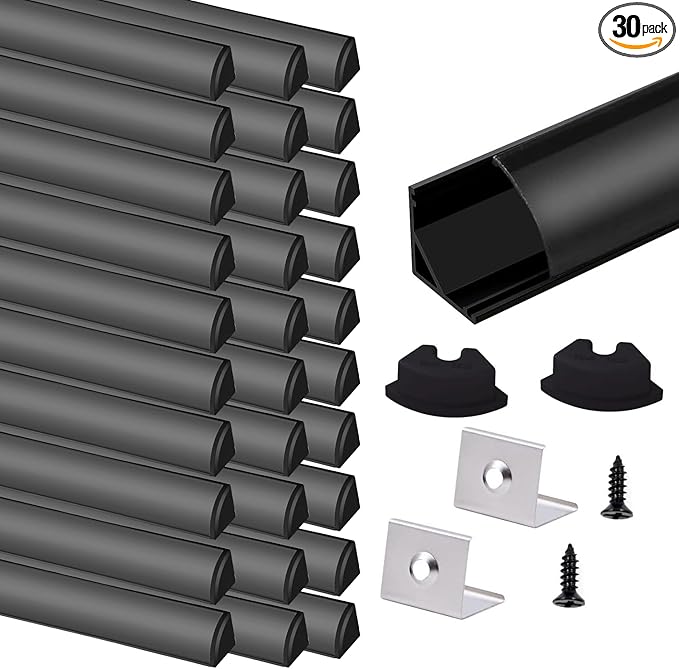 VST 30pack 3.3 ft LED Channel, V Shape Led Diffuser Channel, LED Aluminum Channel System with Black Cover, End Caps and Mounting Clips, Aluminum Profile for LED Strip Light Very Easy Installation