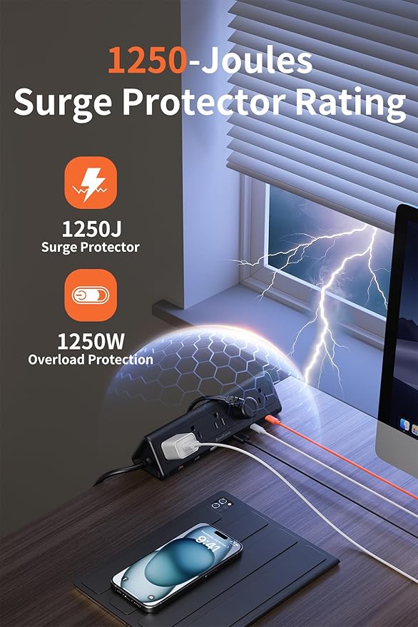 10 FT Desk Clamp Power Strip with 5 AC Outlets & 6 USB Ports PD 40W USB-C Fast Charging, 1250J Surge Protector, Fits 2.1 in top Edge Black