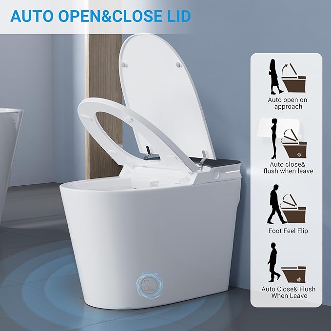 Smart Toilet with ADA Height, Bidet Built-In, Auto-Sensing Flip Lid, Off-Seat Auto Flush, Foot-Sensor, Instant Hot Water and Warm Air Drying, LED Display, Toilet with Light Strip