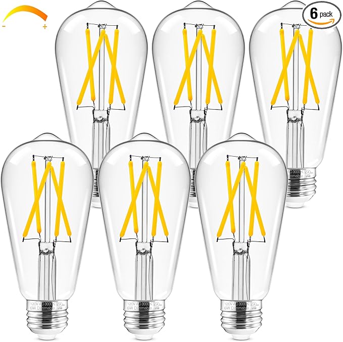 Hizashi LED Edison Bulbs, 6W, Equivalent 60W, 3000K Soft White, Dimmable E26 LED Bulb, 95+ CRI 700 Lumens, ST19 Vintage Light Bulbs, Clear Glass, Pack of 6