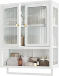 Bathroom Wall Cabinet with 2 Glass Door, Bathroom Medicine Cabinet with Towels Bar and Shelves, Over The Toilet Storage Cabinet, Metal Wall Mounted Cabinet for Kitchen (Upgraded White)