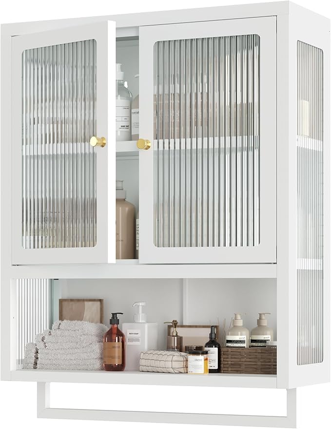 Bathroom Wall Cabinet with 2 Glass Door, Bathroom Medicine Cabinet with Towels Bar and Shelves, Over The Toilet Storage Cabinet, Metal Wall Mounted Cabinet for Kitchen (Upgraded White)