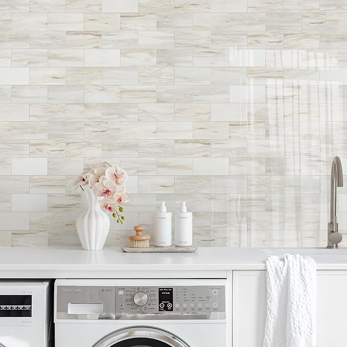 Vamos Tile 4-Piece Glossy Wooden Marble Grain Peel and Stick Backsplash Tile,3''x6'' PVC Subway Tile with White Grout, Stick on Backsplash for Kitchen/Bathroom/Fireplace
