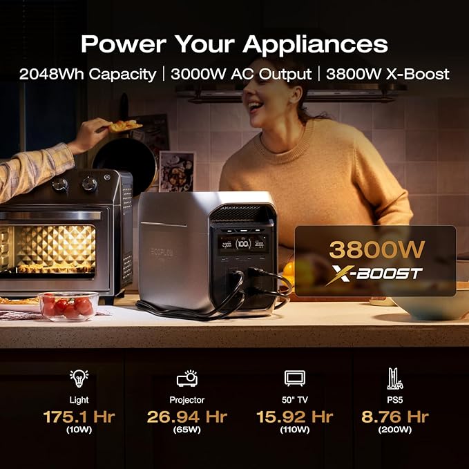 EF ECOFLOW Portable Power Station DELTA 3 MAX Plus with DELTA 3 MAX Plus Extra Battery, 2048Wh LiFePO4 Battery, 3000W Max Output, Fast 0–80% Recharge in 64mins, Reliable Home Backup & RV Camping