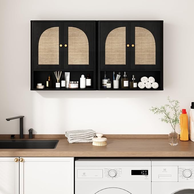 RUSTOWN Rattan Bathroom Wall Cabinet, Over The Toilet Storage Cabinets with 2 Arched Doors, Modern Medicine Cabinet with Adjustable Shelf & Rounded Edges, Mid-Century Bathroom Organization