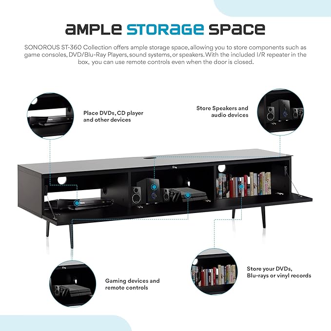 SONOROUS ST-360 Premium TV Stand for Living Room – Modern TV Stands & Entertainment Center with Storage – Black Glass & Black Wood Cover – Luxury Media Console with Metal Legs for TVs up to 75 inches