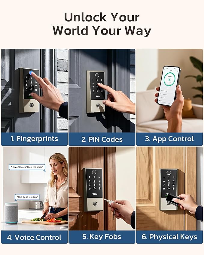 TCL D2 Plus Fingerprint Smart Lock, Wi-Fi Keyless Entry Door Lock, IP55 Weatherproof, Built-in Doorbell, Auto Lock, Easy Install, Brushed Nickel
