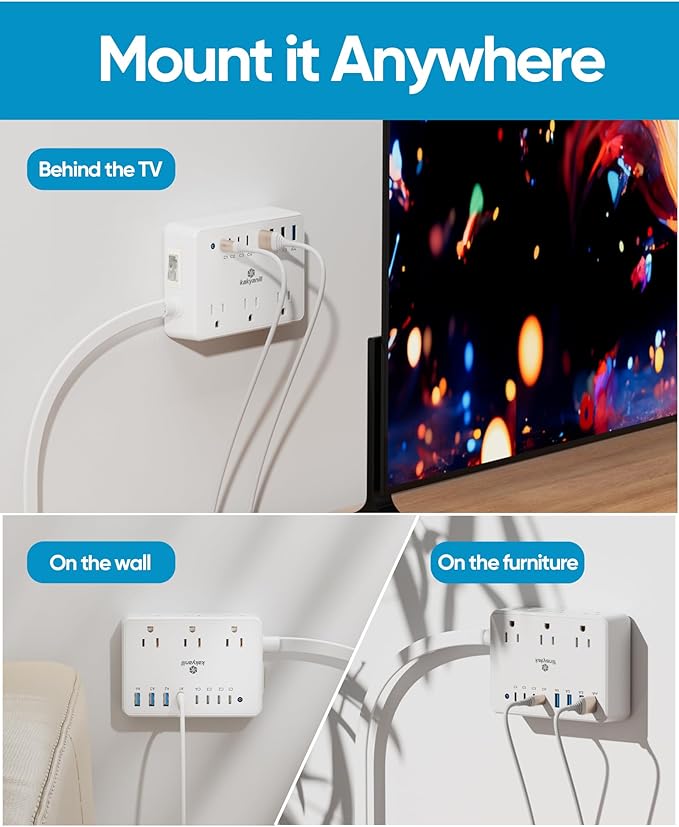 Kakyanill 100W Charging Station, 6 AC Outlets 8 USB Power Strip with 2000J Surge Protector, 5ft Flat Plug Extension Cord, Compact for Desk Home Office Dorm, White