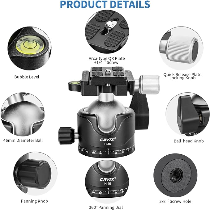 CAVIX Tripod Ball Head with 1/4" Arca Swiss Quick Release Plate Aluminium - Image 2