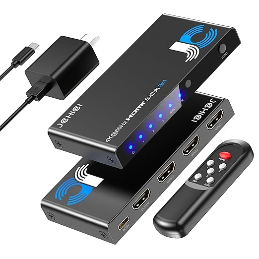 JCHICI HDMI Switch 3 in 1 Out, 4K@60Hz Switcher Splitter, Auto-Switching HDMI 2.0 Switcher with Remote, HDCP 2.2/HDR/3D, Works with PS5/PS4/Switch/Xbox/PC