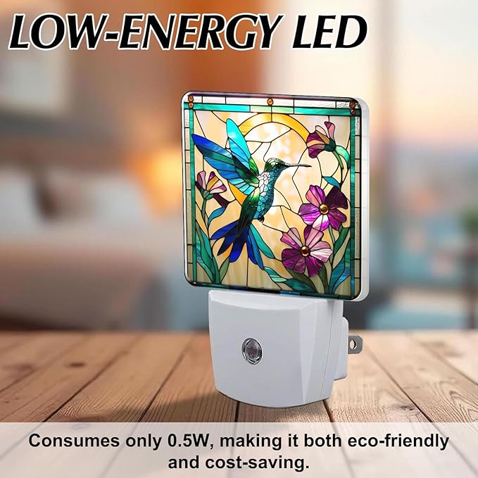 PODMemory Hummingbird Stained Glass Night Lights Plug into Wall for Room, Hummingbird Night Light LED for Bedroom