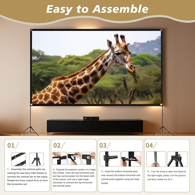 Portable Indoor Outdoor Projector Screen with Stand 120 inch Movie Screen 16:9 Format 4K HD Wrinkle-Free Foldable Design & Easy to Setup for Indoor Home Movie Theater Projector with Carry Bag