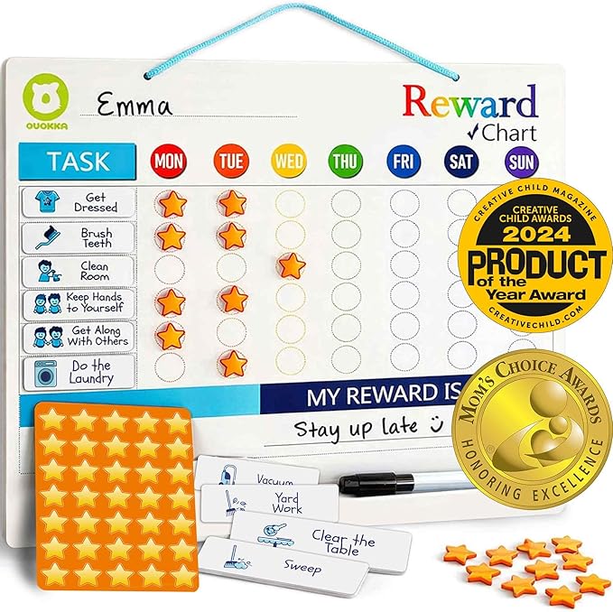 QUOKKA Magnetic Behavior Chore Chart for Kids at Home - Gift Reward Visual Schedule Chart - Dry and Erase Routine and Responsibility - Use 48 Magnets & 49 Stars - from Toddlers to Teens