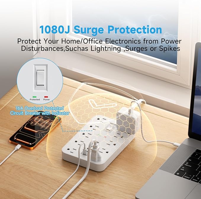 Flat Extension Cord with USB and USBC Ports, 5FT Extension Cord with 10 AC Outlet 6 USB, 1 Switch & 2 LED Indicator, USB Charging Station for Multiple Devices, for Home, Office, Dorm Essentials