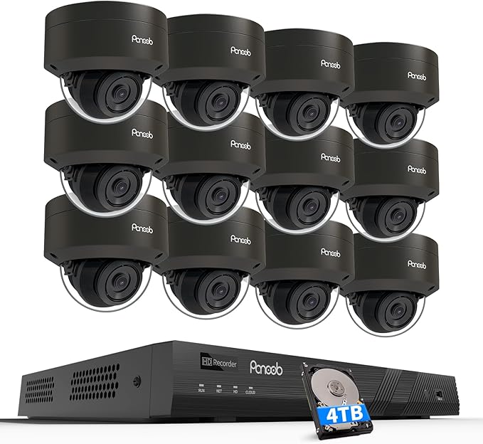 PANOOB 16 Channel Security Camera System 4K PoE, 12x 8MP IK10 Vandal Proof Dome Camera with AI Human Vehicle Detection, Built-in Mic, Remote Access 24-7 Recording, 4K 16CH NVR 4TB HDD, PD54B1216-8M