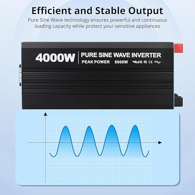 4000W Pure Sine Wave Inverter, 1 USB Port 5v/3.4a,LCD Display&Remote Controller for Home, RV, Truck