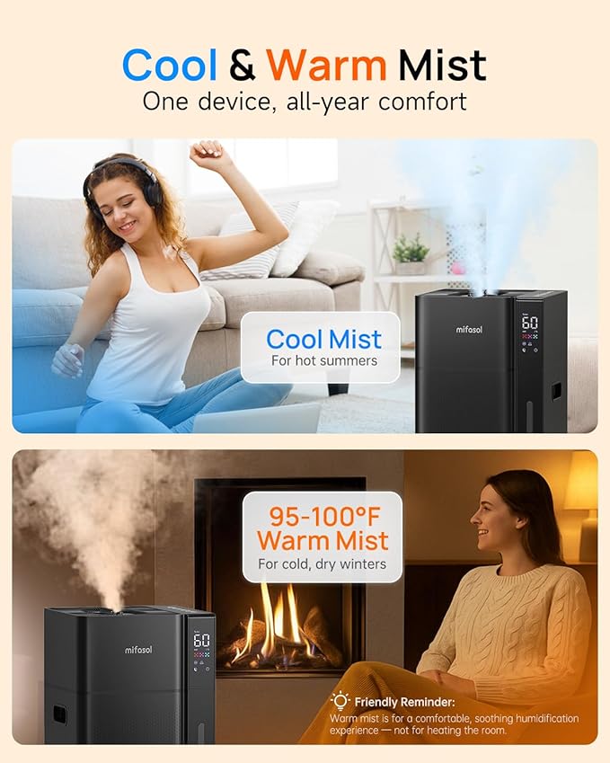 Mifasol Humidifier Large Room, 5.3Gal/20L Warm & Cool Mist Humidifiers for Home 1500 sq ft, Whole House Humidifier, Humidifiers for Bedroom Home Plants Office Large Areas, Black