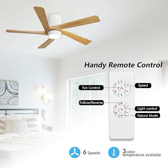 WINGBO 48 Inch Flush Mount DC Ceiling Fan with Lights and Remote, 5 Reversible Carved Wood Blades, 6-Speed Noiseless DC Motor, Hugger Ceiling Fan in White Finish with Oak Blades, ETL Listed