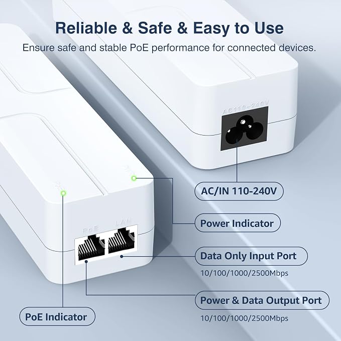 2.5Gb PoE++ Injector 90W, VunLink High Power IEEE 802.3bt Multi-Gig PoE Adapter - Image 4