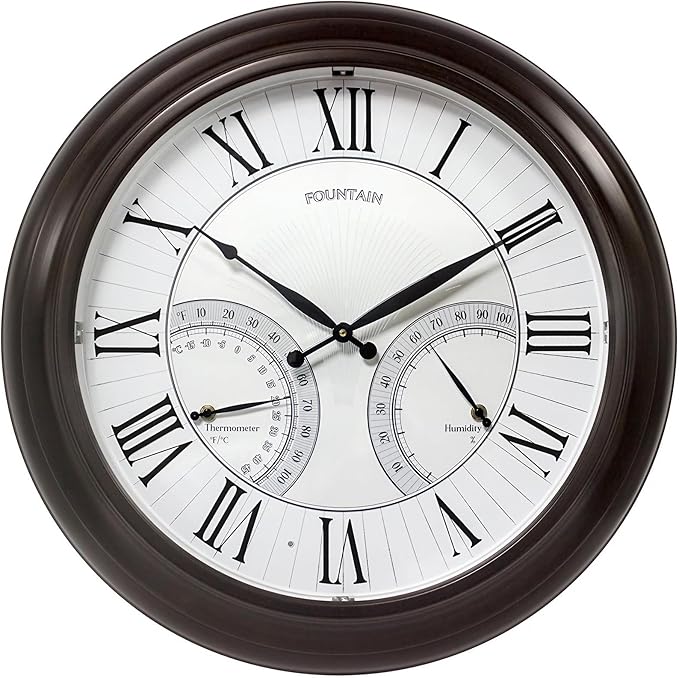 FOUNTAIN DESIGNS 24" Jameson in/Outdoor Lighted Clock, Self-Illuminated, Waterproof, 3 in 1 Weather Station (Thermometer & Hygrometer), Metal Clock, Oil Rubbed Bronze Finish(Night Light)