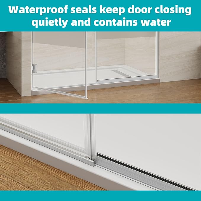 Pivot Swing Shower Door, Adjustable Width 58.9-60" W x 74" H Semi-Frameless Shower Glass Door with 5/16 in Clear SGCC Middle Frosted Tempered Glass with Nano Easy-Clean Coating (Brushed Silver)