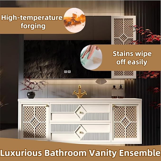 68IN Luxury Floating Bathroom Vanity - Single Sink Bathroom Vanities has Smart Defog Mirror & Slate Countertop | Woven Rattan Perforated Door Panel, LED Lights, 2 Drawers (Style A)