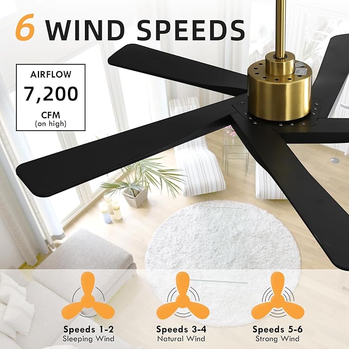 WINGBO 64" ABS DC Ceiling Fan No Light, 5 Blade ABS Plastic Ceiling Fan with Remote, 6-Speed Reversible DC Motor, Ceiling Fans without Light for Kitchen Bedroom Living Room, Brass and Matte Black