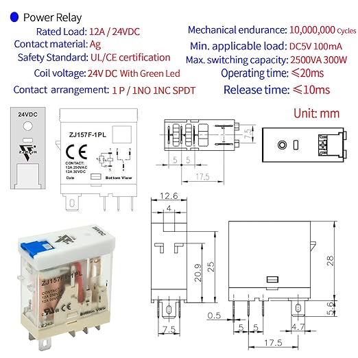 12Amp Power Relay Switch with Test Button SPDT 1NO 1NC with LED Indicator Light and Socket Base UL Certification (5 Pin- 12A, DC 24V)