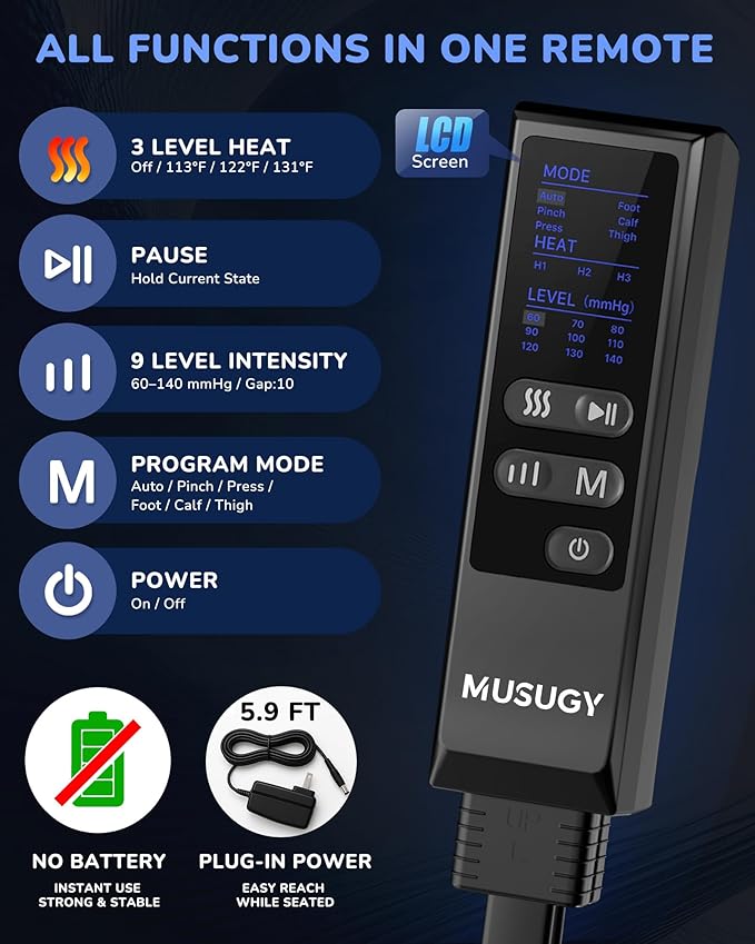 Musugy Leg Massager with Heat and Compression : Sequential Compression Boots with 6 Modes,9 Intensity and 3 Heat for Circulation and Pain Relief - Christmas Birthday for Mom, Dad, Athletes, Gym