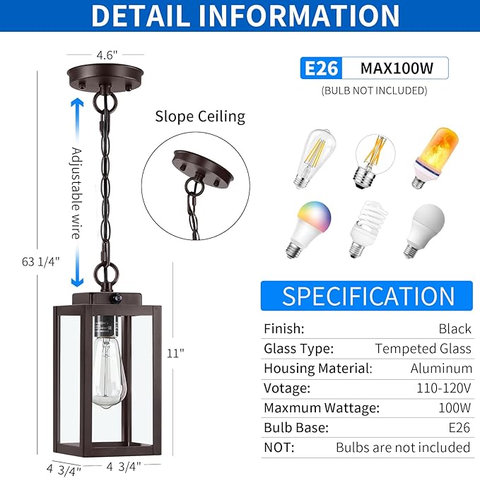 11'' Dusk to Dawn Outdoor Pendant Light, Modern Outside Chandelier Outdoor Hanging Lantern Light, Matte Brown with Clear Glass, Exterior Pendant Lighting Fixture for Porch, Yard, Gazebo, ORB (Small)