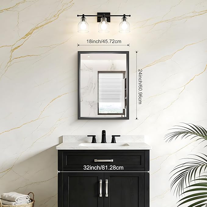 Black Bathroom Mirror, 18x24 Inch Rectangle Mirrors for Wall, 0.6" Thickened Deep Frame, Brushed Black Mirrors for Over Sink, Shatterproof Tempered Glass, Antirust, Horizontally or Vertically