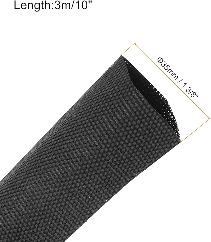 MECCANIXITY Braided Cable Sleeves Heat Shrinkable Fabric Sleeving, 1 3/8" 10ft Black 2:1 Ratio Heat Shrinkable Cord Protector for Harness Cable, Network Cable Protection, Cable Management