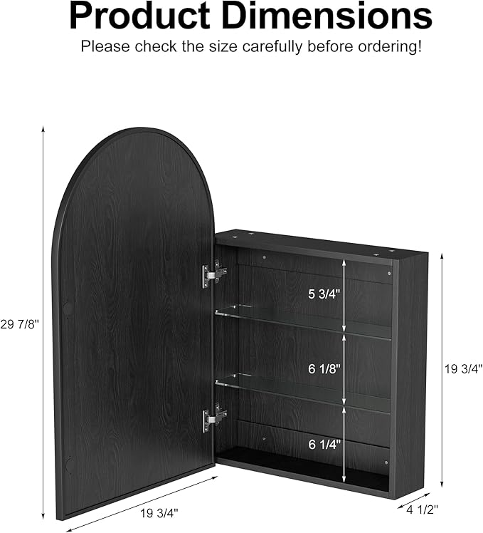 Brushed Black Arched Medicine Cabinet with Mirror, Wall Mount Bathroom Storage Cabinet, Surface Mount, Reversible Left/Right Opening Door, Modern Metal Framed Mirror Cabinet, 20 x 30 Inch