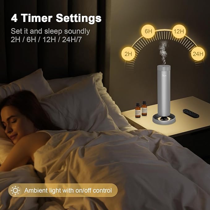 Waterless Diffuser,1500 Sq Ft,Ring Ambient Light,Rechargeable Wireless, Aluminum,Remote Control&Touch Buttons,Adjustable Fragrance Intensity&Timer,Hotel Collection Scent Machine - Silver