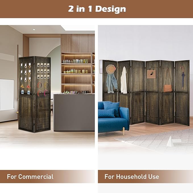 ECOMEX 6 Panel Room Divider, 5.6Ft Pegboard Display Wooden Room Divider Folding Privacy Screen Room Divider Freestanding Peg Board Display for Trade Show Craft Show Home Wall Organizer, Retro Brown