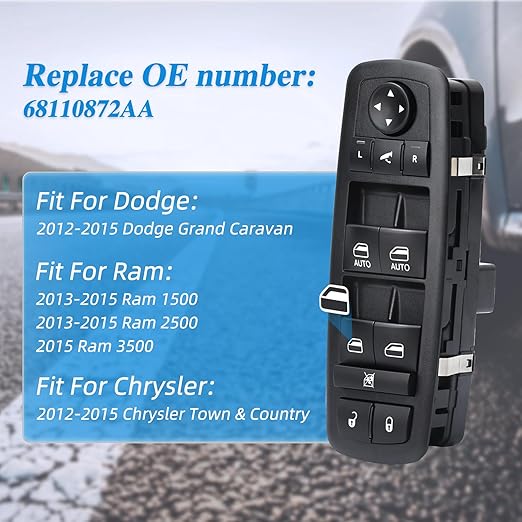 WUANGKI Power Master Window Switch | Front Driver Side | 9+3 Pins | Compatible with 2012-2015 Dodge Grand Caravan, Chrysler Town, Country, Ram 1500 2500, 2015 Ram 3500 | Replace OE 68110867AB
