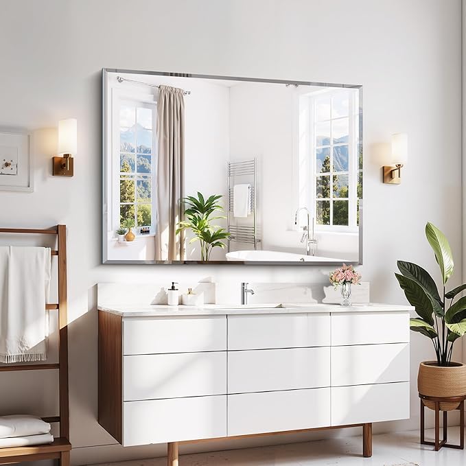 CILIBER Beveled Mirror, 36x48 Inch Large Frameless Bathroom Mirrors for Over Sink, Lightweight Design Beveled Frameless Vanity Mirror, Crystal-Clear 3mm Tempered Glass, Horizontally or Vertically