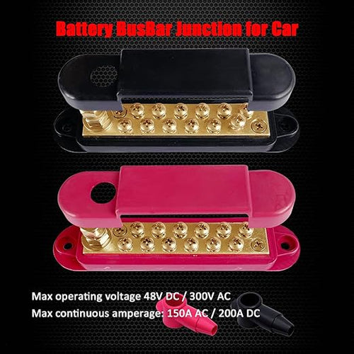 1/4" Stud Power Distribution Block Bus Bar with 12 x #8 Screws, Ampper 5.3" 12V 150A Marine BusBar Brass Battery Distribution Block W/Cover for Car Boat Solar (Red & Black)