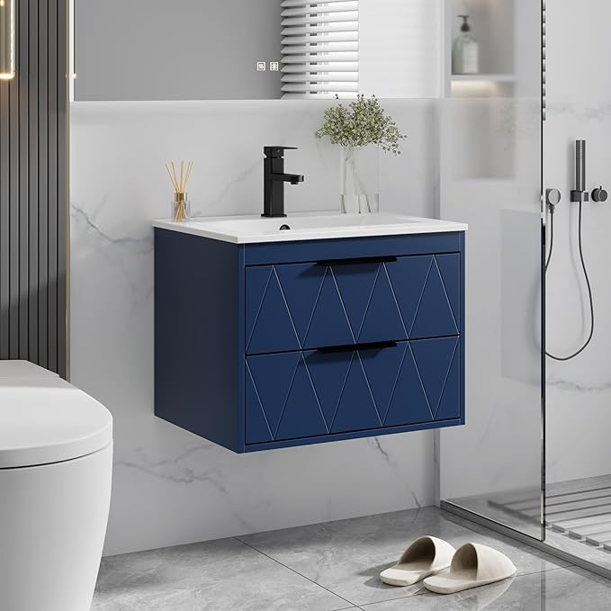 eclife 24" Bathroom Vanities Cabinet with Sink Combo, Wall Mounted Floating Cabinet W/Decor Line, Soft-Close System, 2 Extra Big Drawers, Matte Black Faucet, Navy Blue