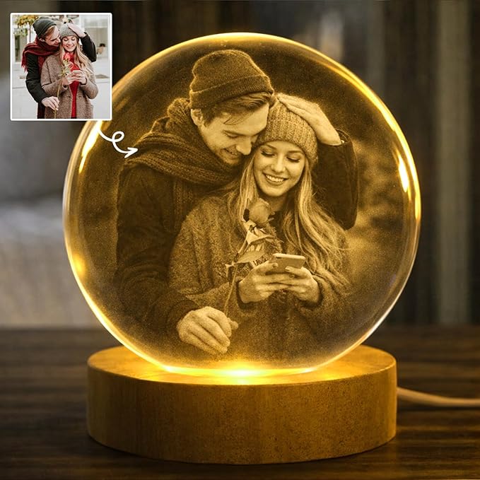 Herihues Personalized 3D Photo Crystal Ball, Custom Engraved Picture Lamp with Wood Base, Night Light for Couples, Gifts for Him Her Valentines Day, Anniversary, Personalized Gifts for Husband, Wife