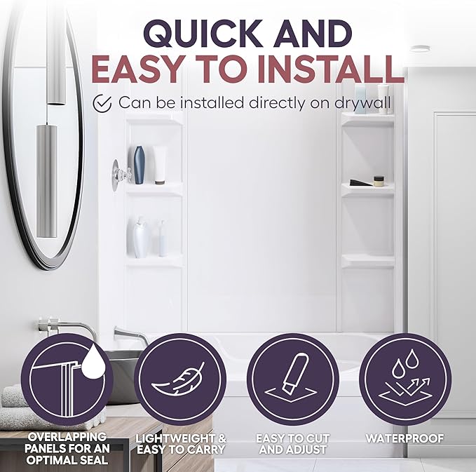 White Polystyrene Tub Wall Surround 32"x 60"x 58" - Waterproof, Easy-to-Install, Two Shelf Units Kit Included - Bathtub Wall Surround Panels - Plain Pattern, Basic Shelves - Noah William Home