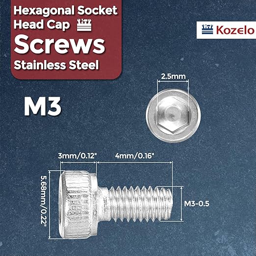 Kozelo 50pcs Socket Head Cap Screws - [M3-0.5 x 4mm] 304 Stainless Steel Allen Socket Drive for Electrical Motor 3D Printing Fan Engine Replacement Use, Silver