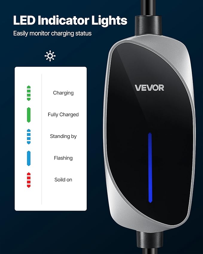 VEVOR Level 1/2 Tesla Charger, 16 Amp, Portable Electric Car EV Charger with 25 ft Charging Cable, 120V-240V, NEMA 6-20P Plug NEMA 5-15 Adapter, LED Indicator, NACS Connector for Tesla Model Y/X/3/S