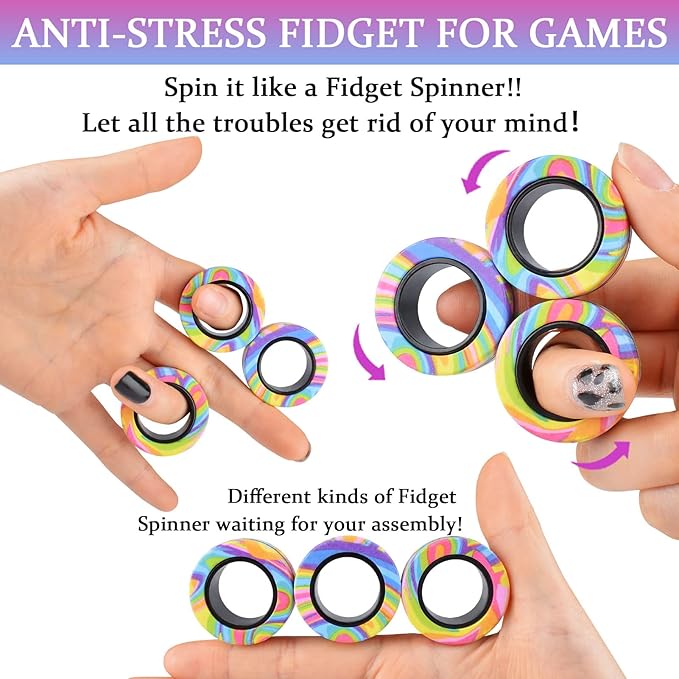 Cevioce 3Pcs Magnetic Rings Fidget Toy Set, Idea ADHD Anxiety Magnetic Fidget Toys Adults Fidget Spinner Rings for Relief, Valentines Day Gifts for 8+ Year Old Teen Boy Girl Easter Basket Stuffers C