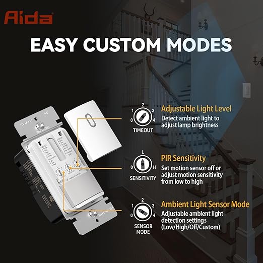 AIDA Single Pole Motion Sensor Light Switch w/Neutral Wire - 120° PIR Infrared Activation - CFL/LED/MLV/INC/HAL/Fan Compatible - UL Certified - 1 Pack,Matte White