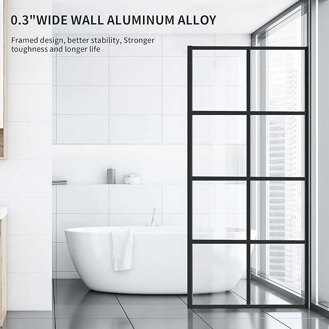 Shower Door Single Panel, Framed Tempered Glass Shower Door 34 * 76 Inch for Walk-in Bathroom, Clear Glass Shower Screen with Matte Black Finish